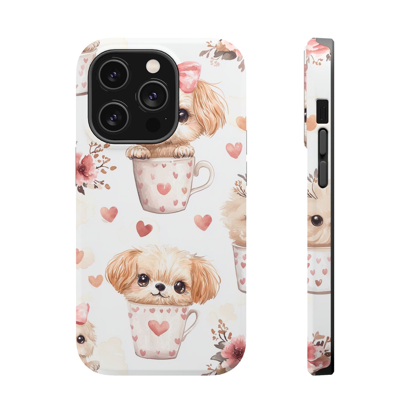 Cute Puppies in Heart MagSafe iPhone Case – Adorable Dog & Floral Design, Shockproof & Slim