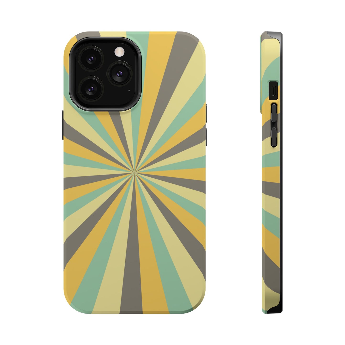 Vintage Sunburst Rays MagSafe iPhone Case – Bold 70s-Inspired Burst in Yellow, Mint, and Gray