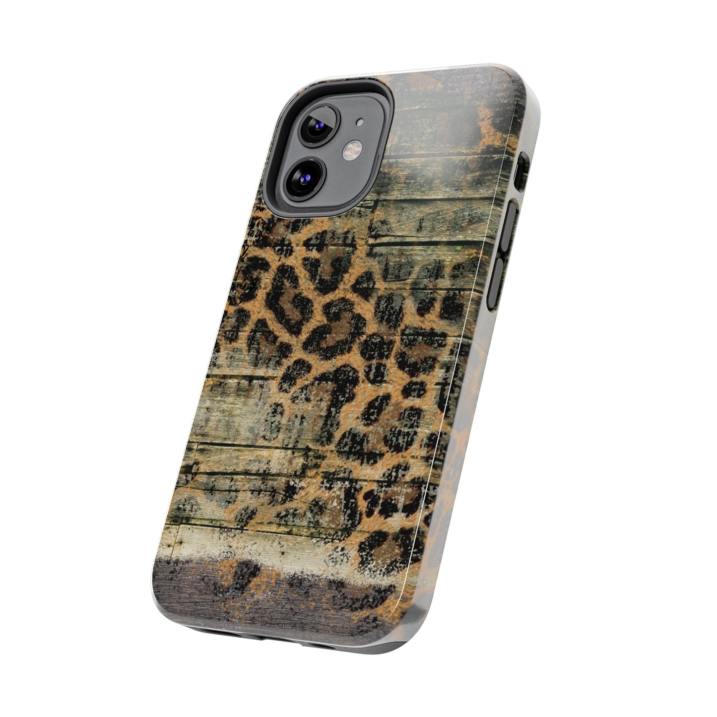 Rustic Wood and Leopard Print Tough iPhone Case – Distressed Western Design with Dual-Layer Protection