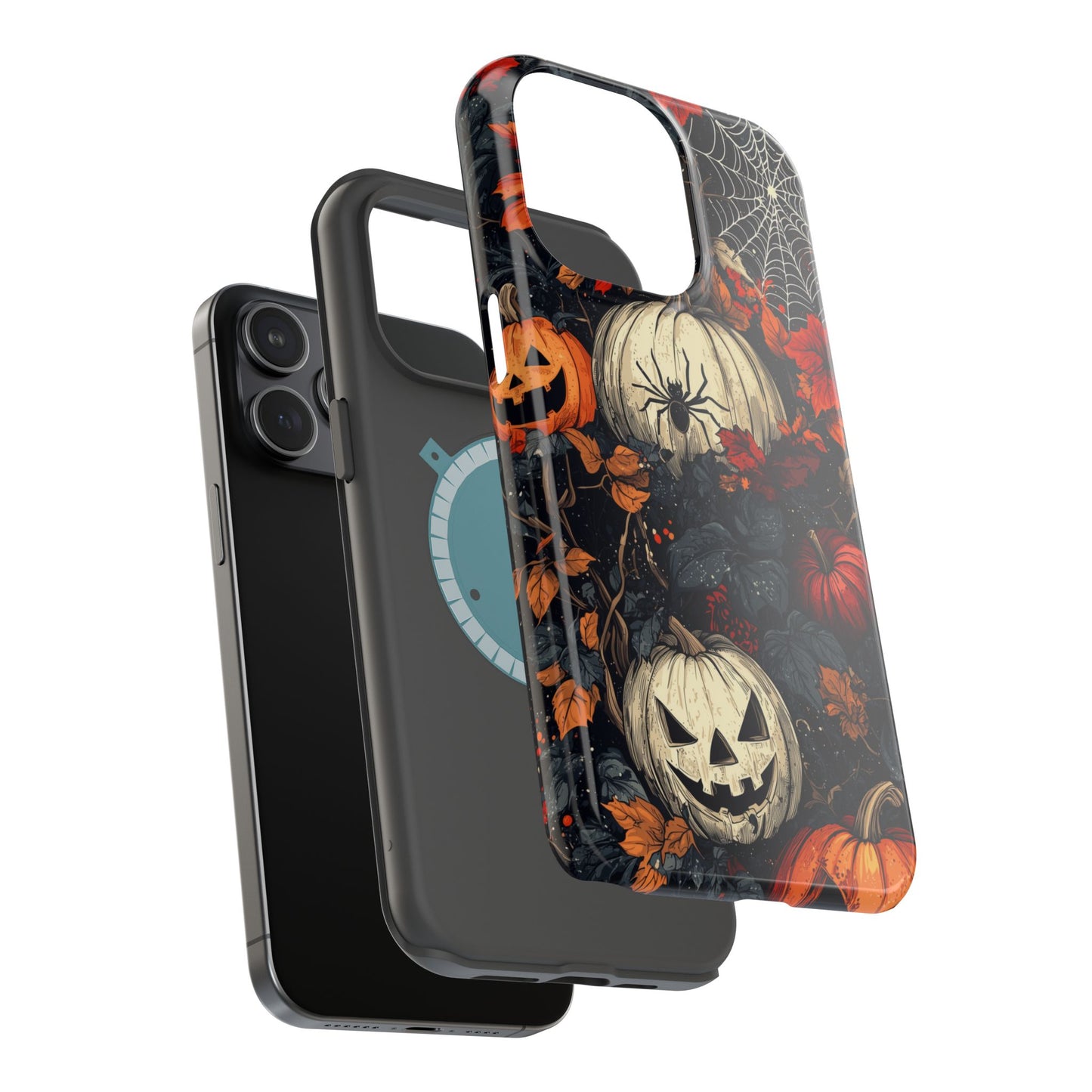 Hauntingly Elegant Halloween MagSafe iPhone Case – Pumpkins, Spiders, and Autumn Leaves Design