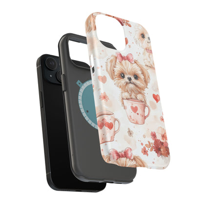 Puppies & Heart Mugs MagSafe iPhone Case – Sweet Dog & Floral Design, Shockproof & Slim