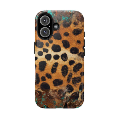 Rustic Leopard Print Tough iPhone Case – Distressed Turquoise and Animal Pattern with Dual-Layer Protection