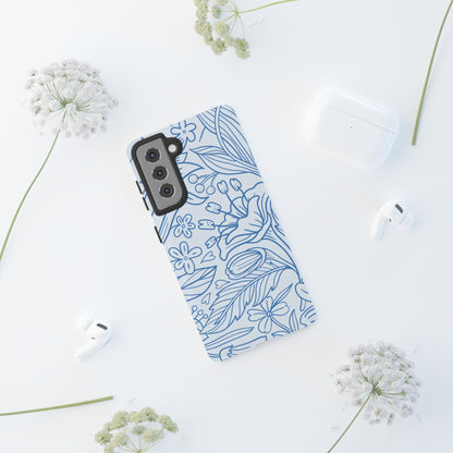 Dusty Blue Floral Line Art Tough Samsung Galaxy Case – Minimalist Botanical Design with Dual-Layer Protection