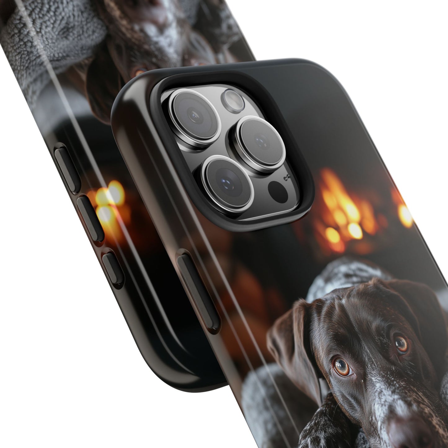 Cozy German Shorthaired Pointer iPhone Case – Rustic Fireplace Protective Cover