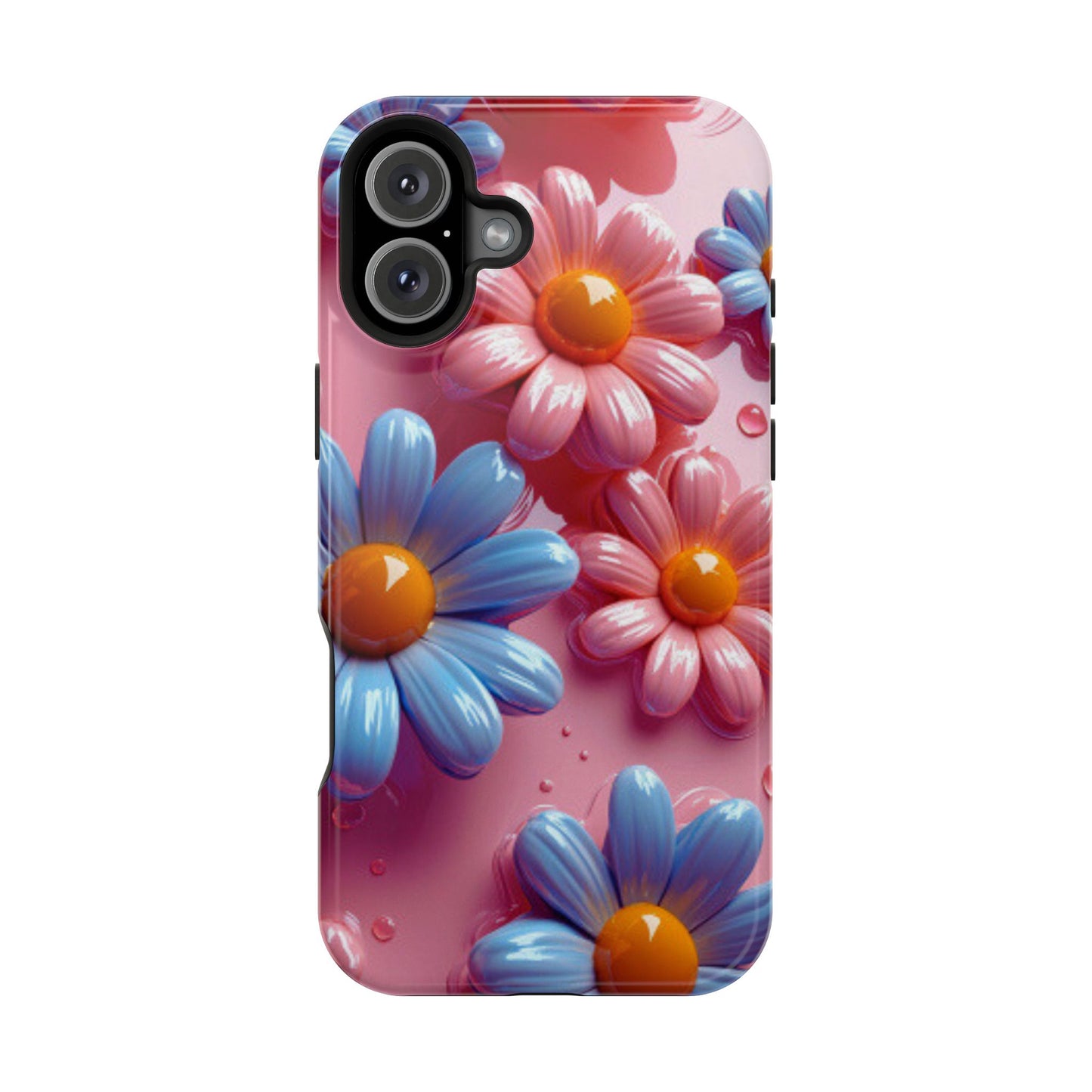 Pastel Daisy 3D MagSafe iPhone Case – Glossy Pink and Blue Floral Design, Full Protection