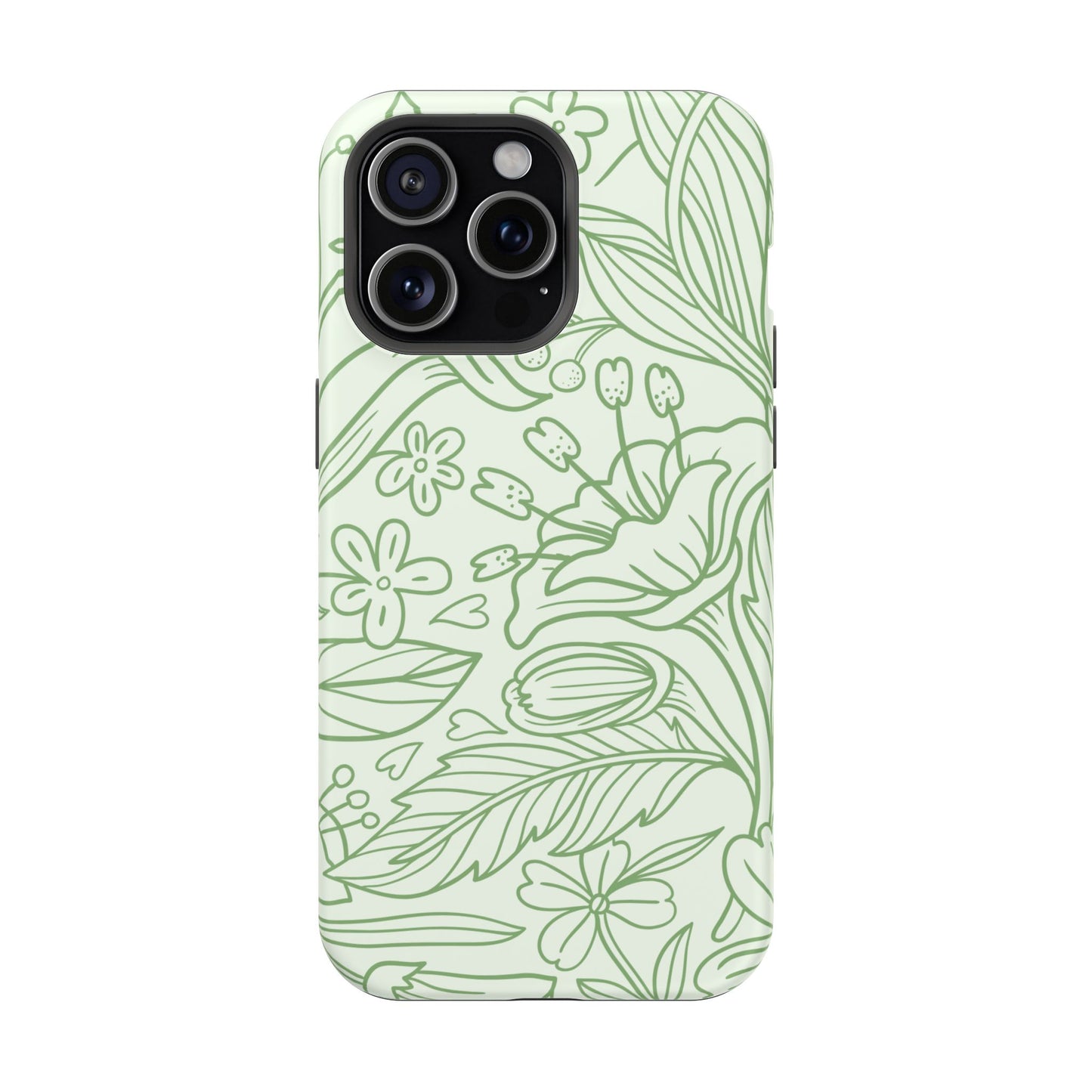 Sage Green Floral Line Art Tough MagSafe iPhone Case – Minimalist Botanical Design with Dual-Layer Protection