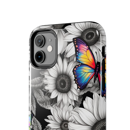 Rainbow Butterflies & Monochrome Sunflowers – iPhone Case