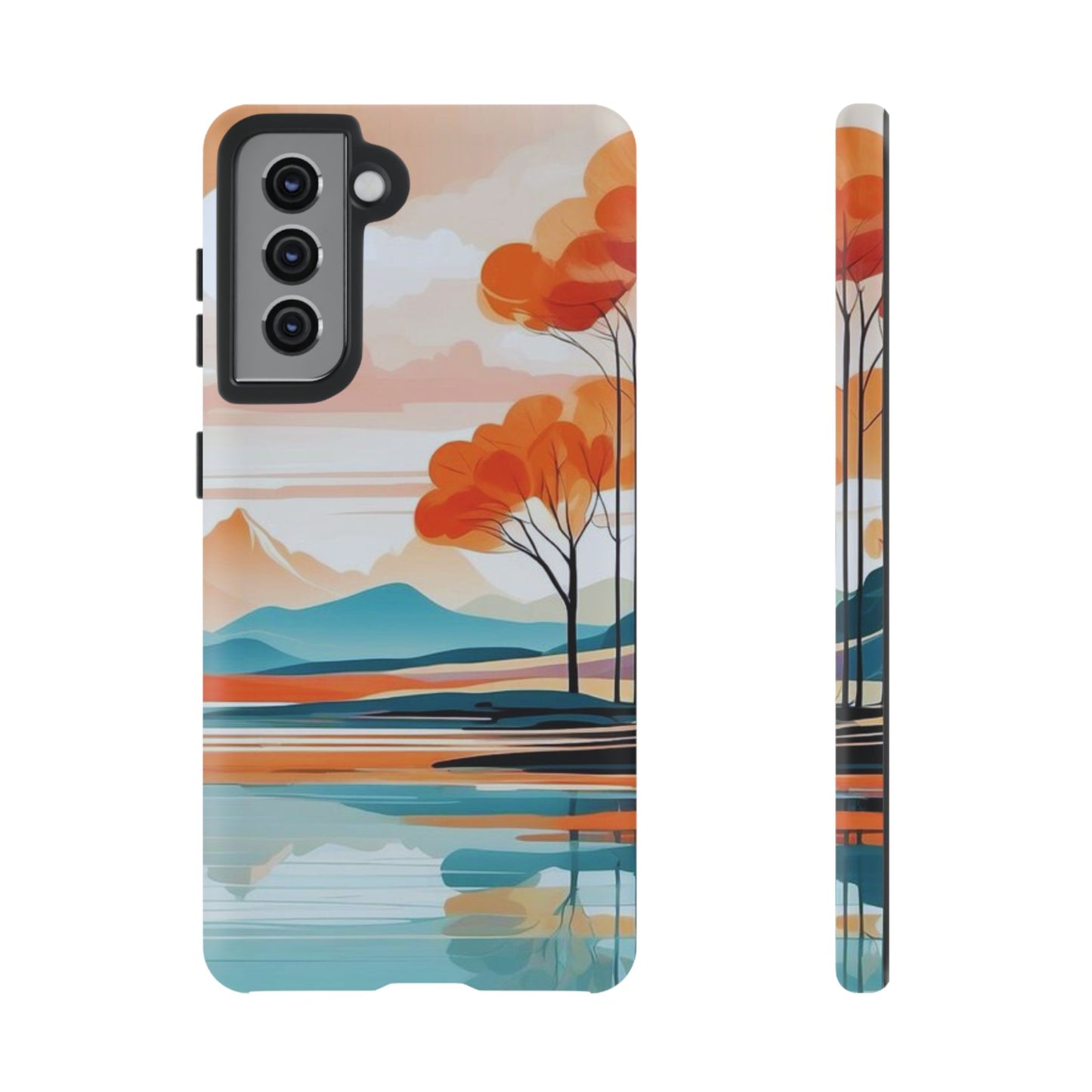 Serene Sunset Lake Samsung Galaxy  Case – Minimalist Landscape Art, Dual-Layer Protection