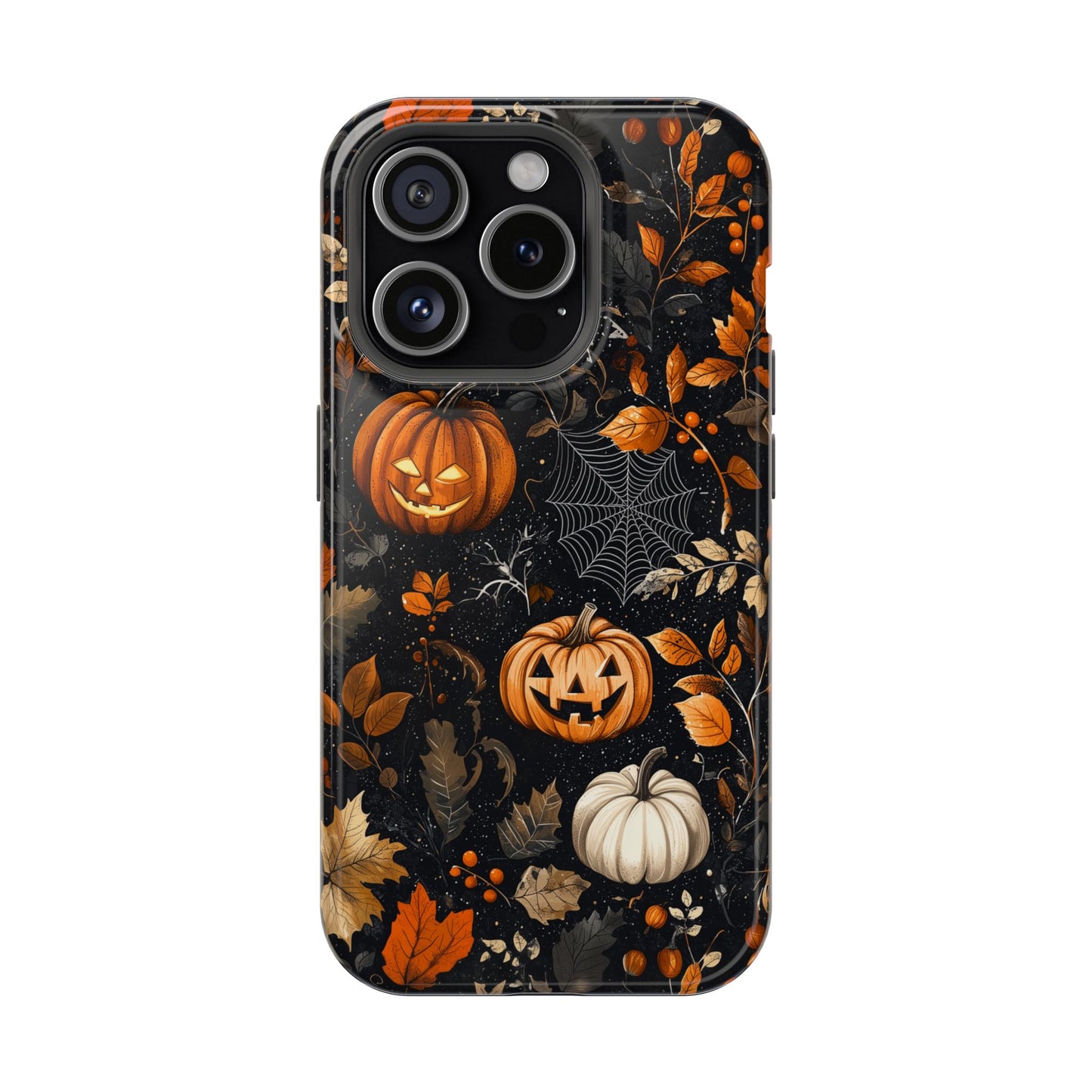 Elegant Halloween MagSafe iPhone Case – Pumpkin Jack-o'-Lanterns, Cobwebs & Autumn Foliage Design