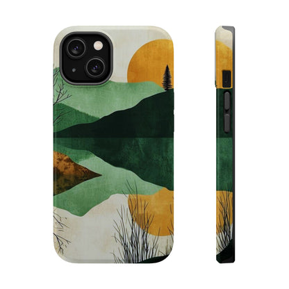 Retro Mountain Sunrise MagSafe iPhone Case – Minimalist Landscape Design, Dual-Layer Protection