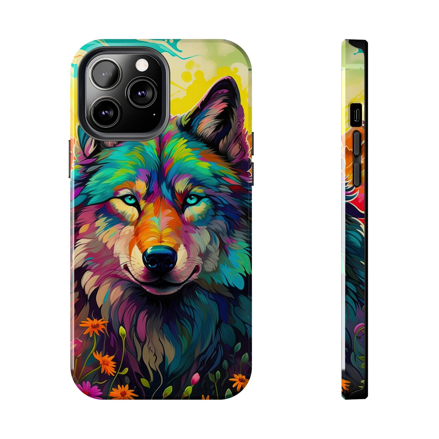 Rainbow Wolf in Bloom – iPhone Case with Vivid Nature Design