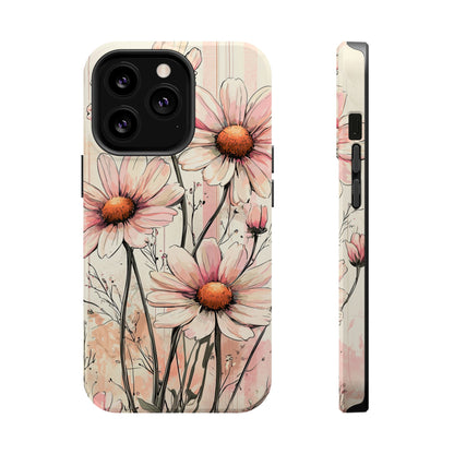 Pastel Pink Daisy MagSafe iPhone Case - Elegant Floral Plaid Protective Cover