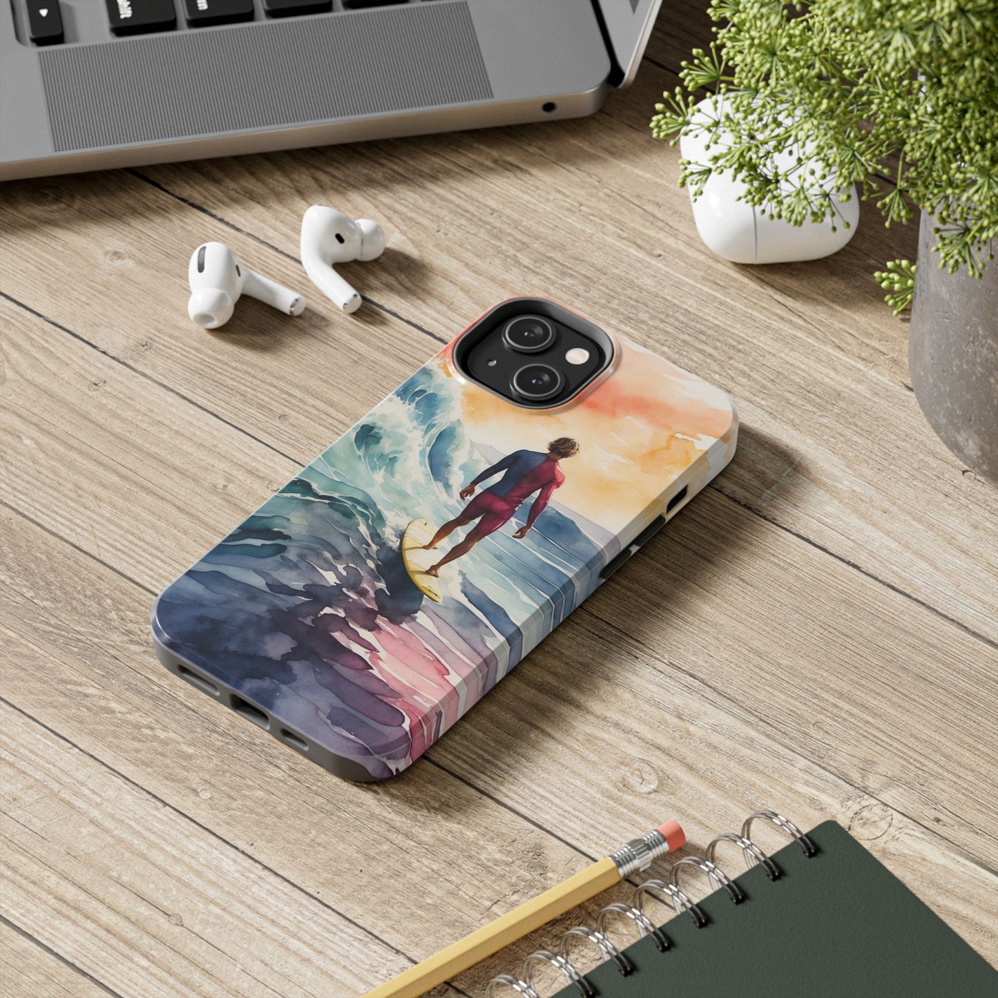 Surfer’s Sunset Wave iPhone Case – Vibrant Watercolor Design