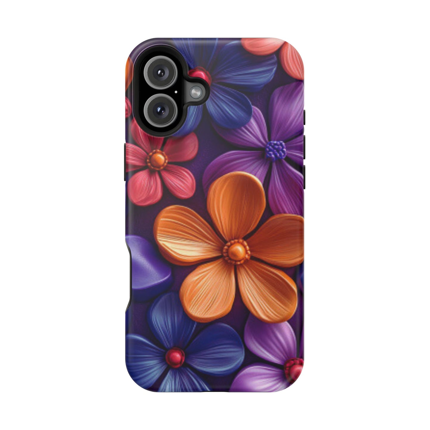 Bold Floral 3D MagSafe iPhone Case – Vivid Purple and Orange Flower Design, Shock-Resistant