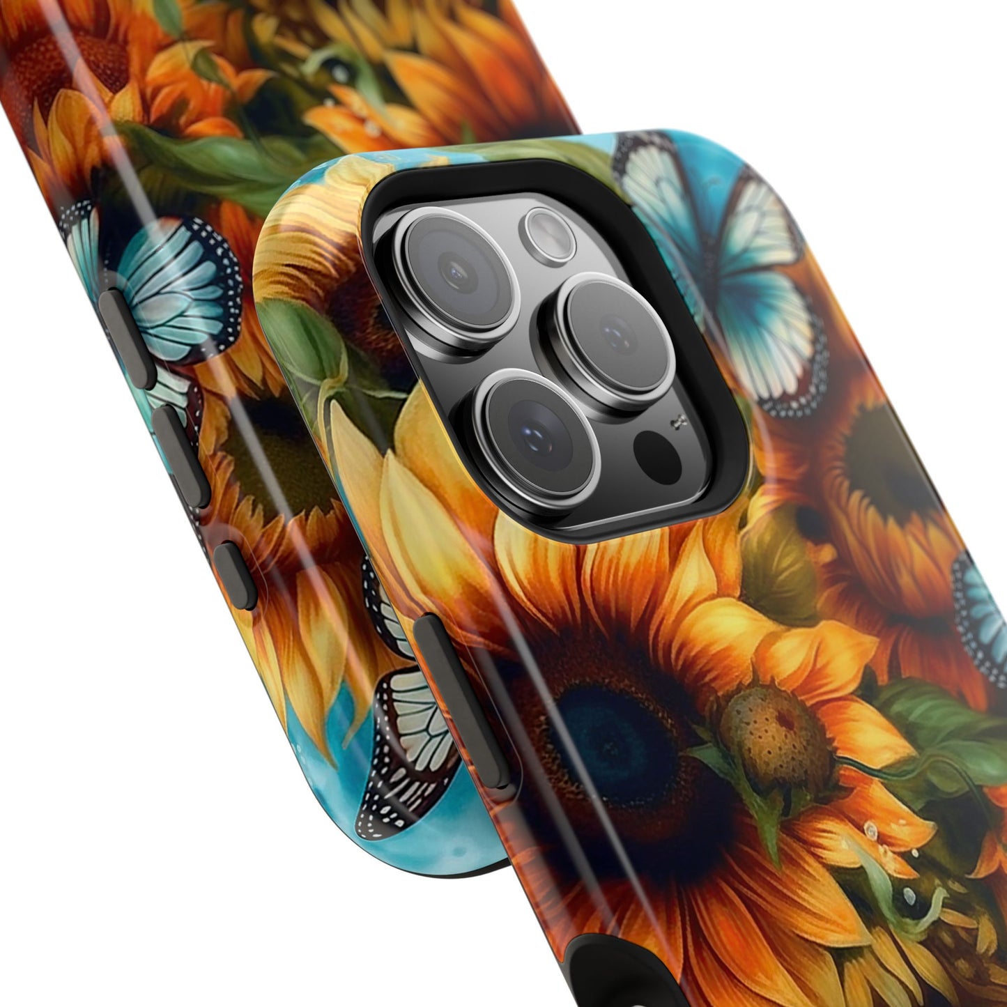 Aqua Blue Butterfly & Sunflower Art – MagSafe iPhone Case