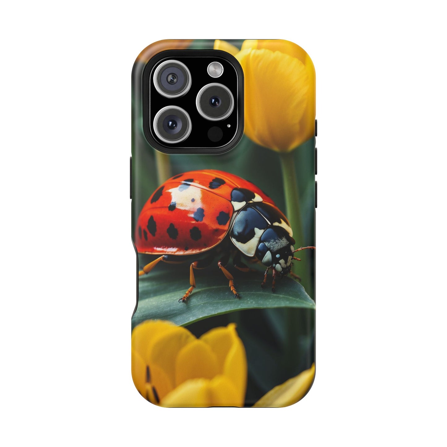 MagSafe iPhone Case: Vibrant Ladybug Amidst a Lush Yellow Flower Garden