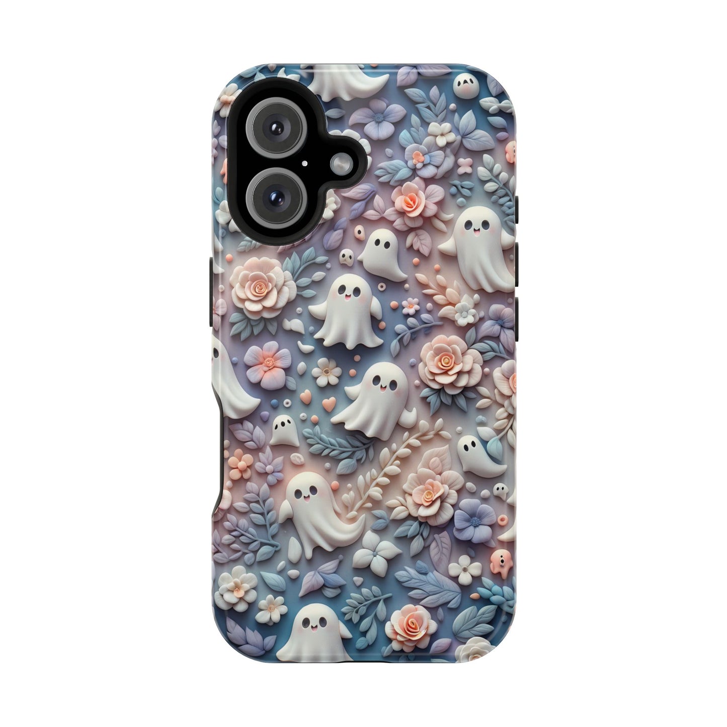 Cute MagSafe Ghosts Flowers Phone Case | Ethereal Clay Style | Autumn and Halloween Aesthetic | Tough Dual Layer Protection