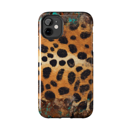 Rustic Leopard Print Tough iPhone Case – Distressed Turquoise and Animal Pattern with Dual-Layer Protection