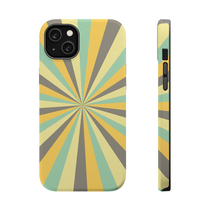 Vintage Sunburst Rays MagSafe iPhone Case – Bold 70s-Inspired Burst in Yellow, Mint, and Gray