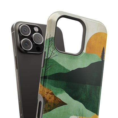 Retro Mountain Sunrise MagSafe iPhone Case – Minimalist Landscape Design, Dual-Layer Protection