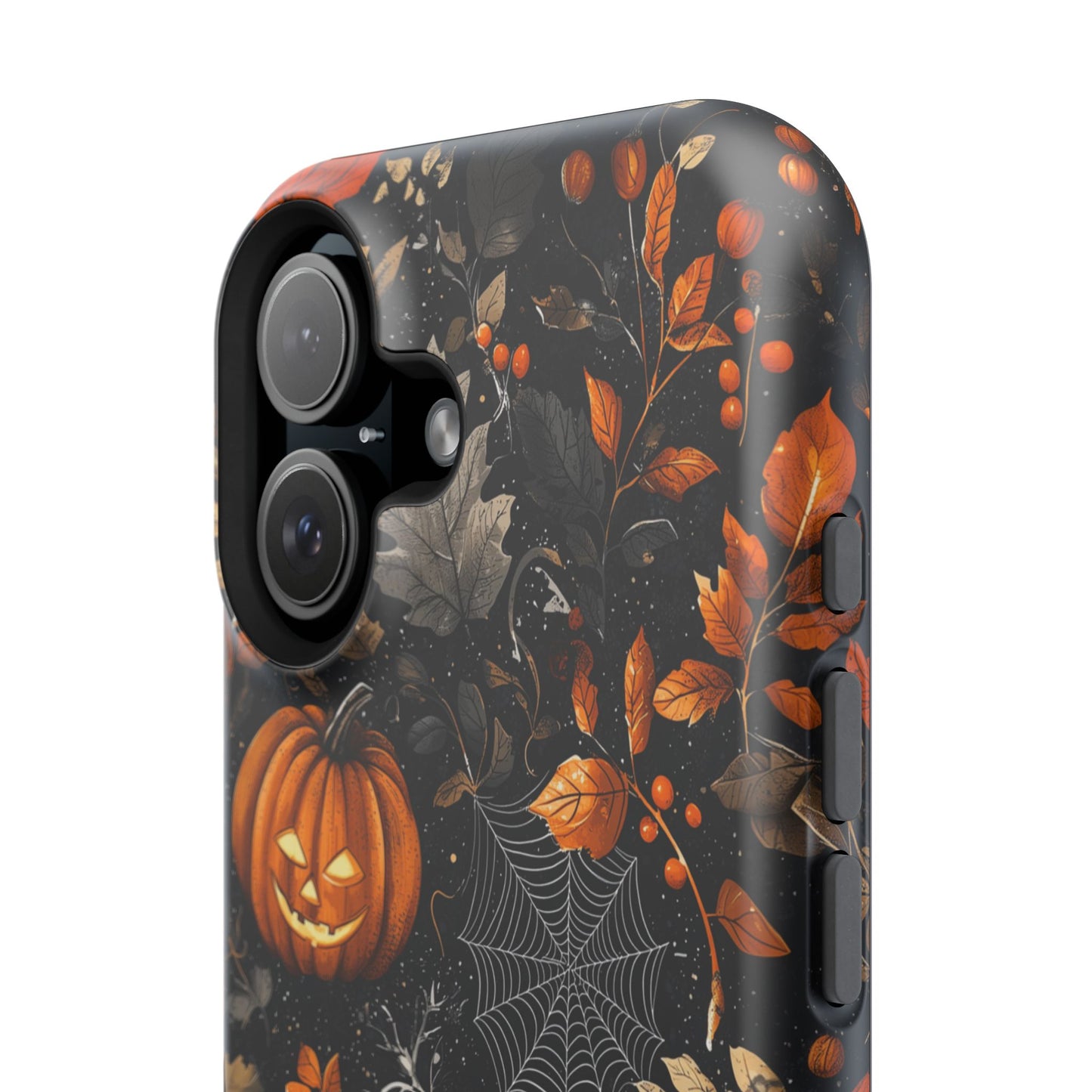 Elegant Halloween MagSafe iPhone Case – Pumpkin Jack-o'-Lanterns, Cobwebs & Autumn Foliage Design