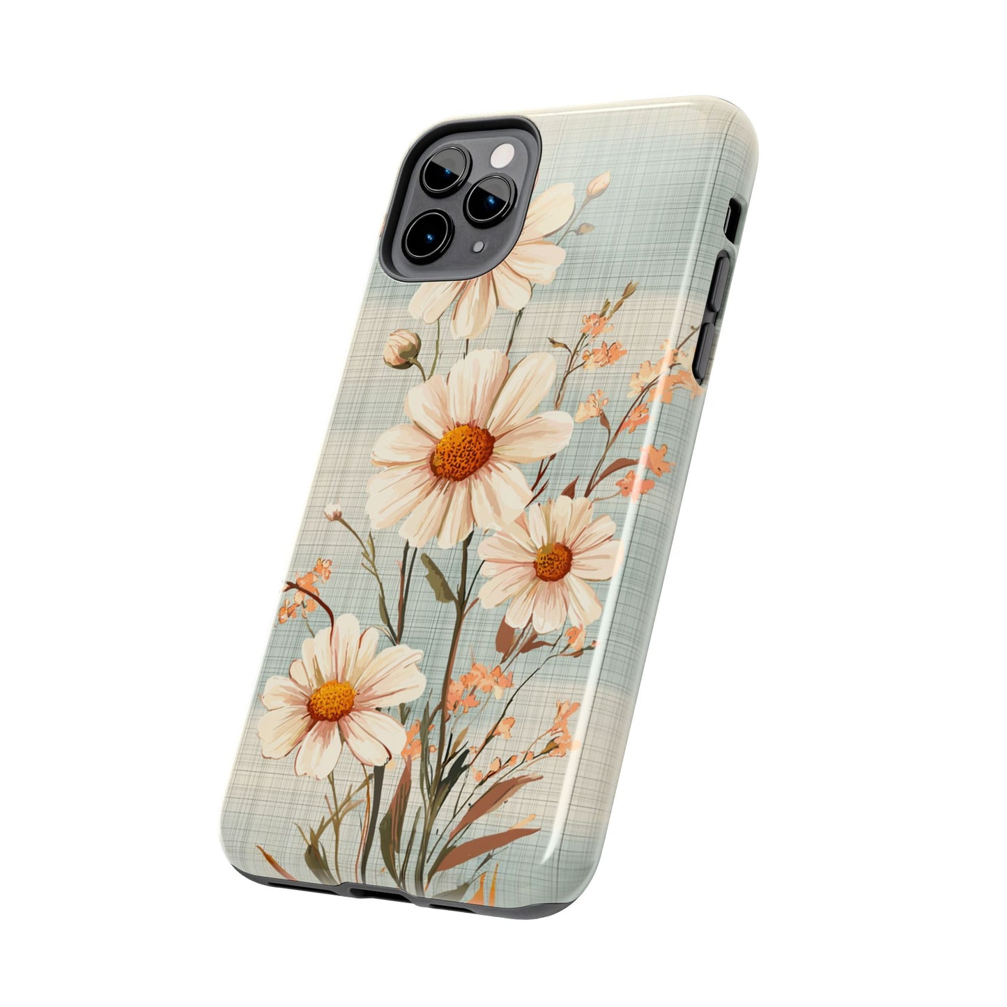 Vintage Plaid & Daisy Floral Tough iPhone Case – Dual-Layer Protection with Retro Flower Design