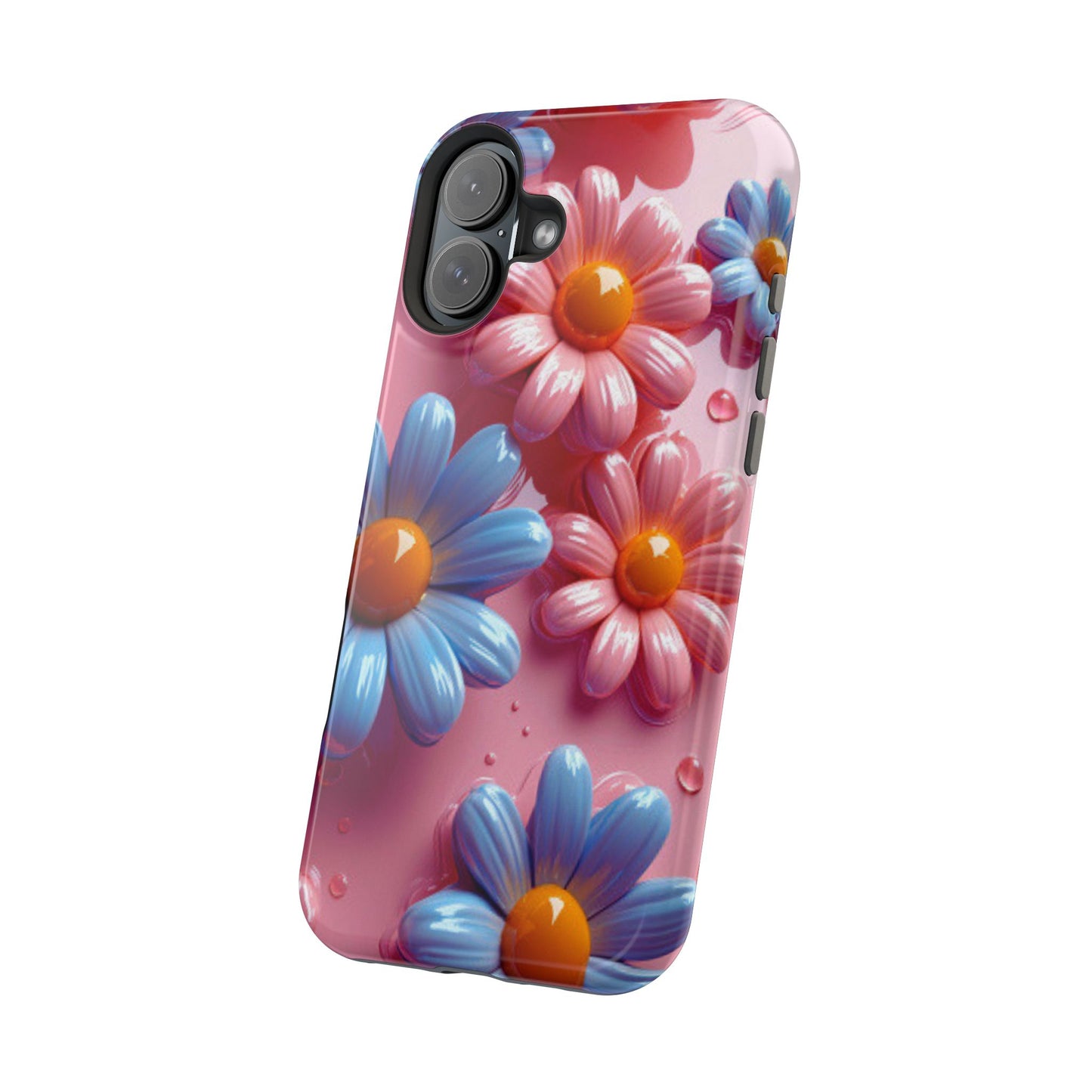 Pastel Daisy 3D MagSafe iPhone Case – Glossy Pink and Blue Floral Design, Full Protection