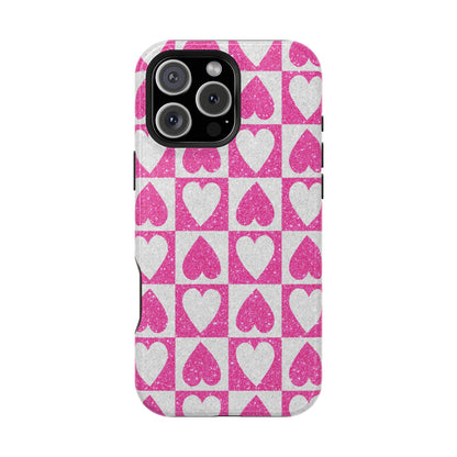 Pink Glitter Heart Checkered Pattern MagSafe Case