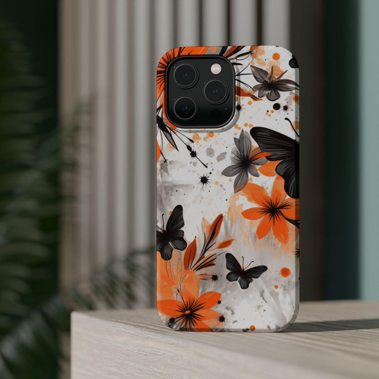 Orange Blossom & Black Butterfly MagSafe iPhone Case – Bold Floral Pattern with Modern Abstract Style