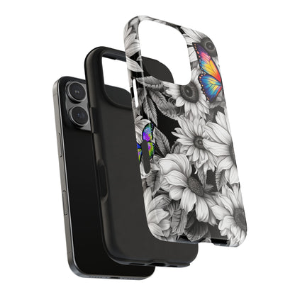 Rainbow Butterflies & Monochrome Sunflowers – iPhone Case