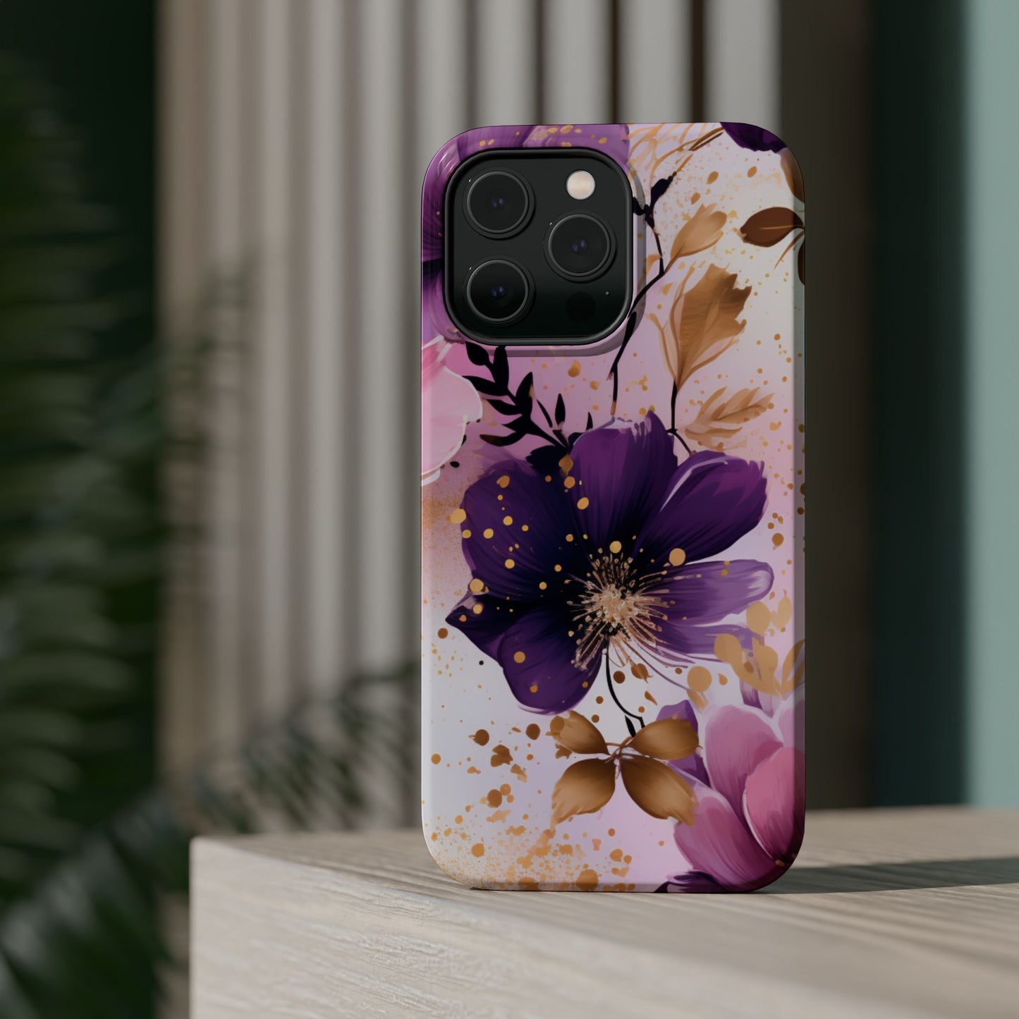 Elegant Purple & Gold Floral MagSafe iPhone Case - Luxe Flower Design