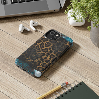 Boho Leopard and Turquoise Tough iPhone Case – Rustic Western Design with Dual-Layer Protection