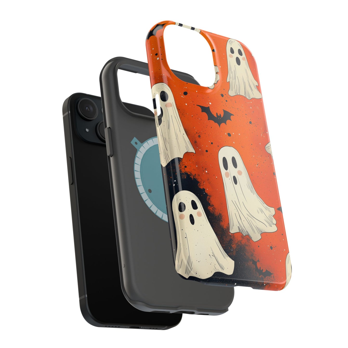 Spooky Ghosts & Bats  MagSafe iPhone Case – Vibrant Orange Halloween Design