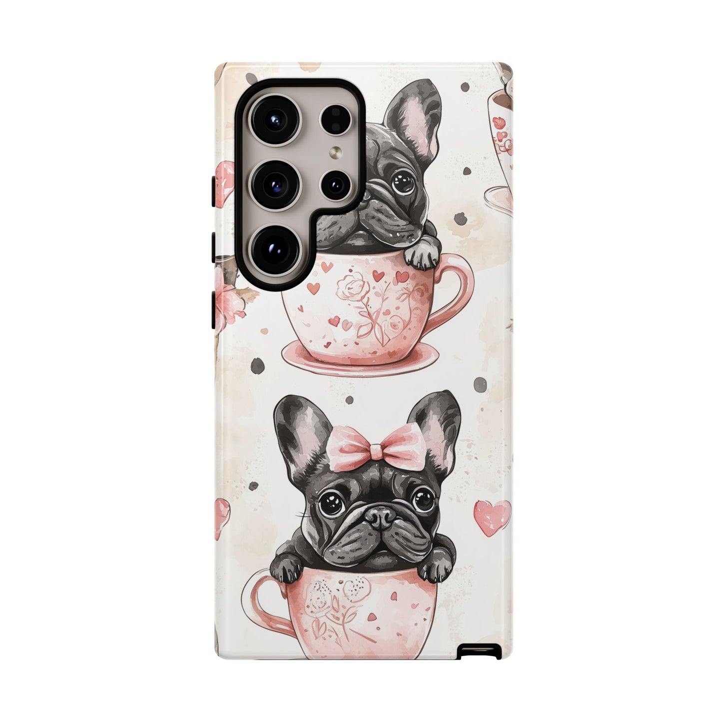 French Bulldogs in Teacups Samsung Galaxy Case – Cute Dog Design with Hearts & Bows, Shockproof & Slim