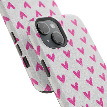 Pink Hearts on Glitter Silver – MagSafe iPhone Case