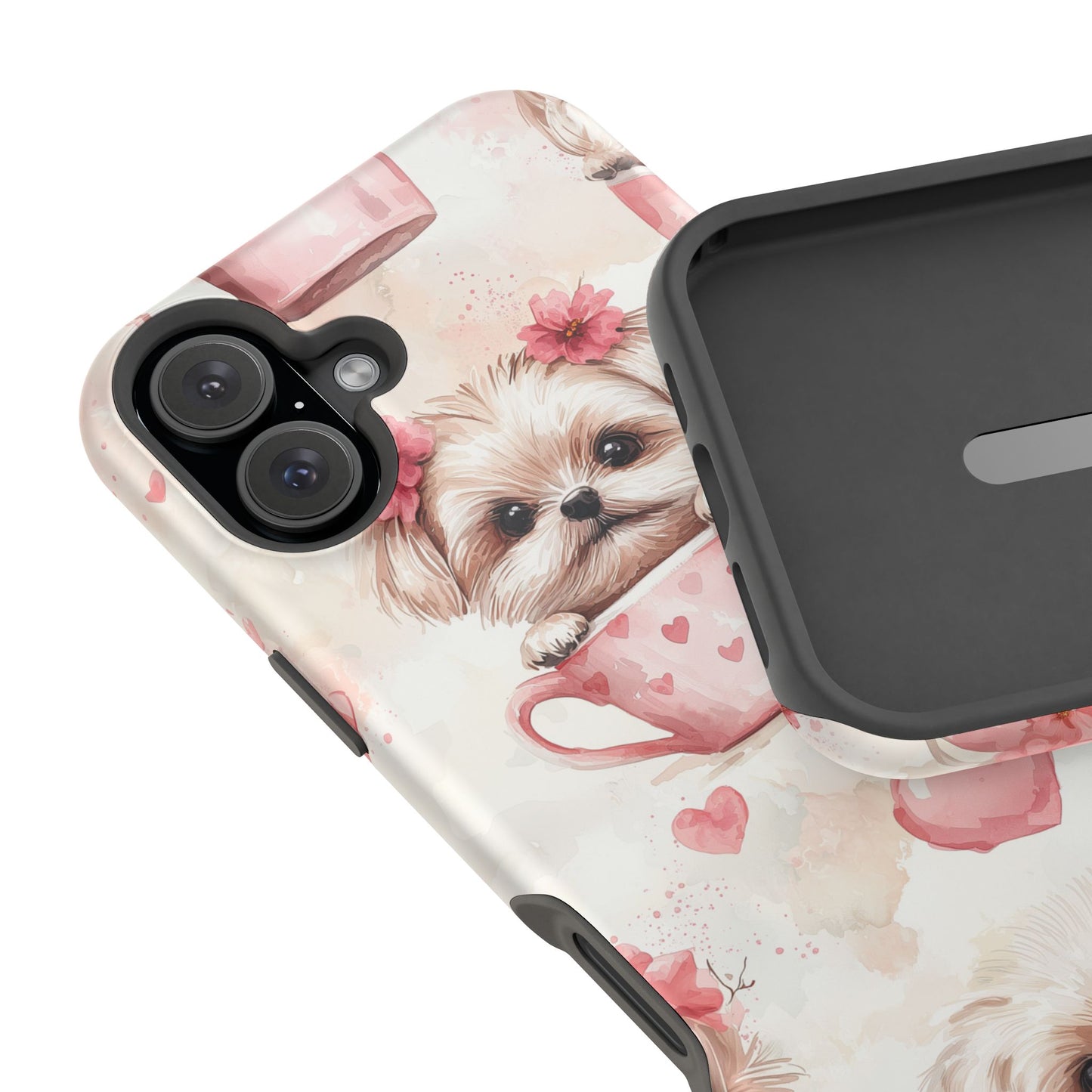 Floral Puppy in Teacup MagSafe iPhone Case – Cute Pink Flower Design, Tough Dual-Layer Protection