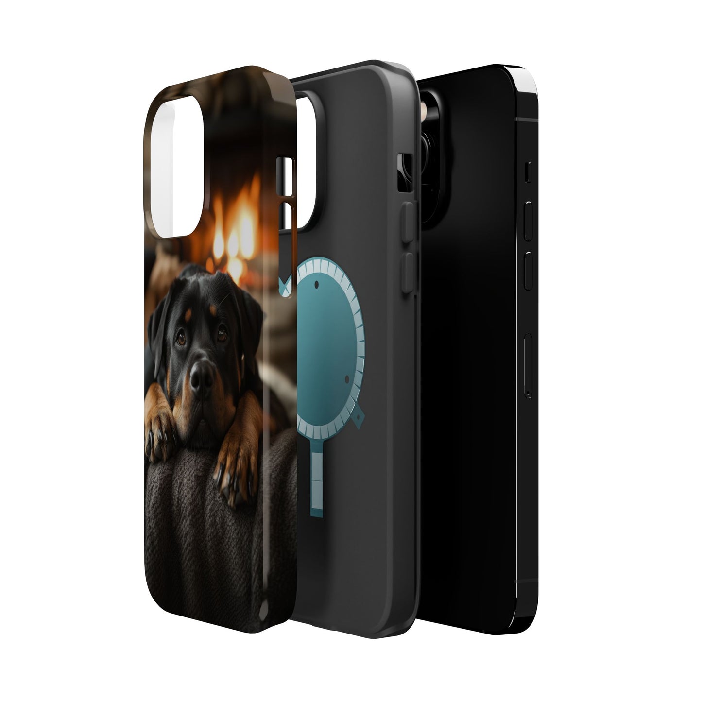 Cozy Rottweiler by the Fireplace MagSafe iPhone Case – Warm Rustic Design