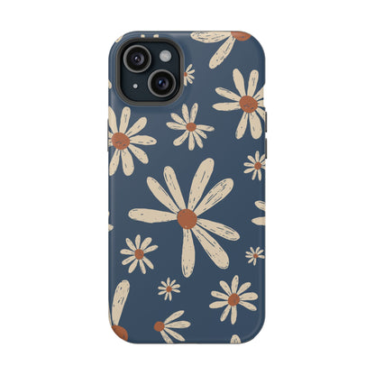 Vintage Daisies MagSafe iPhone Case – Navy Blue Floral Design, Scratch-Resistant with Shock-Absorbing Bumper