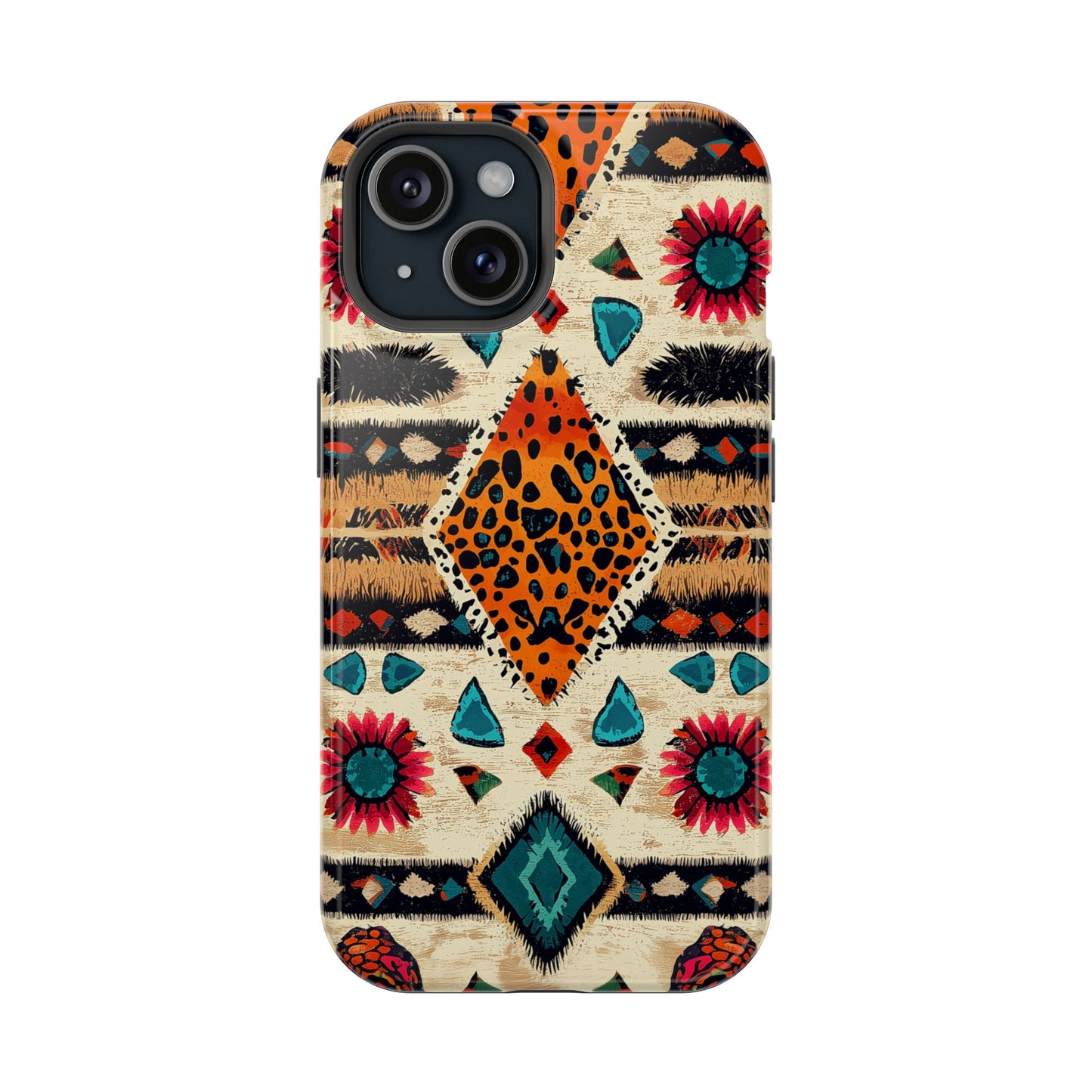 Wild Boho Leopard Print & Floral Tough MagSafe iPhone Case – Eclectic Tribal Design, Dual-Layer Protection