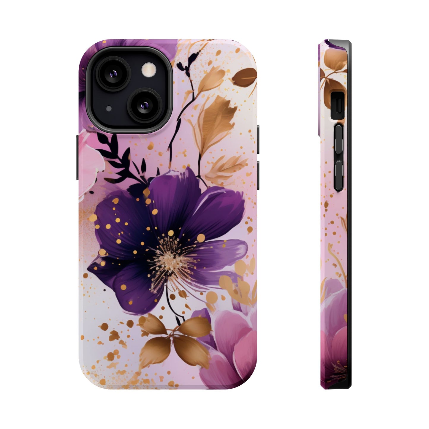 Elegant Purple & Gold Floral MagSafe iPhone Case - Luxe Flower Design