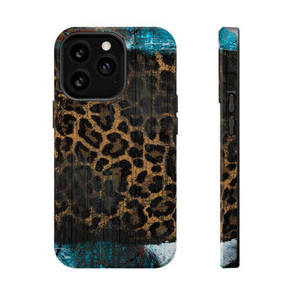 Boho Leopard and Turquoise Tough MagSafe iPhone Case – Rustic Western Design with Dual-Layer Protection