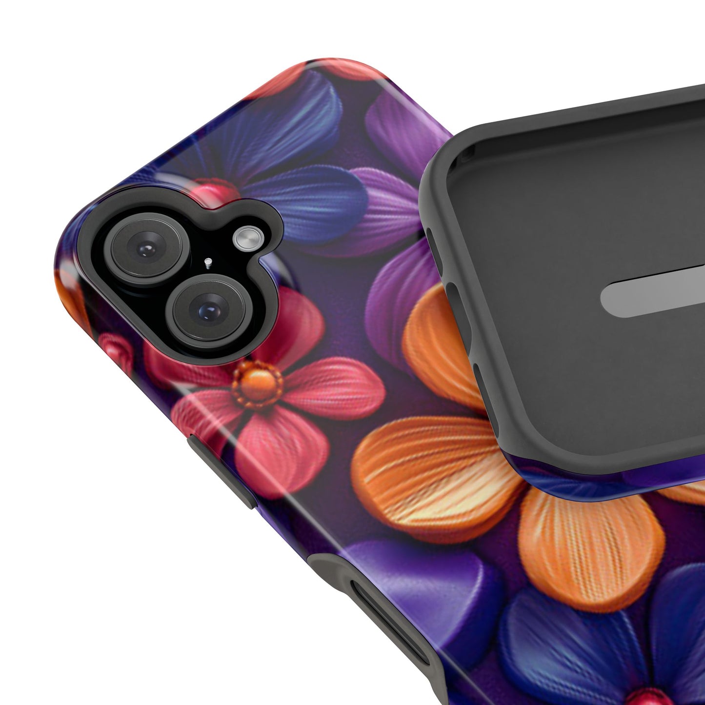 Bold Floral 3D MagSafe iPhone Case – Vivid Purple and Orange Flower Design, Shock-Resistant