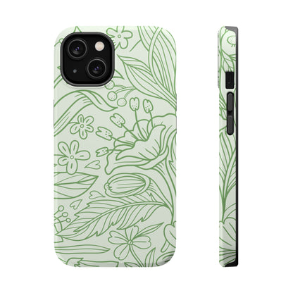 Sage Green Floral Line Art Tough MagSafe iPhone Case – Minimalist Botanical Design with Dual-Layer Protection