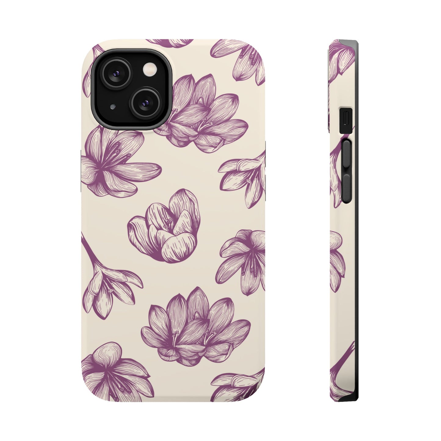 Vintage Botanical Floral Tough MagSafe iPhone Case – Hand-Drawn Purple Flowers, Shockproof Design