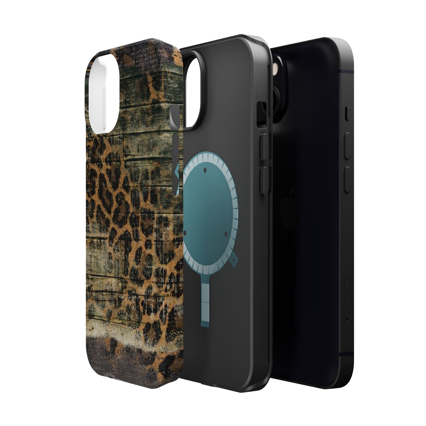 Rustic Wood and Leopard Print Tough MagSafe iPhone Case – Distressed Western Design with Dual-Layer Protection