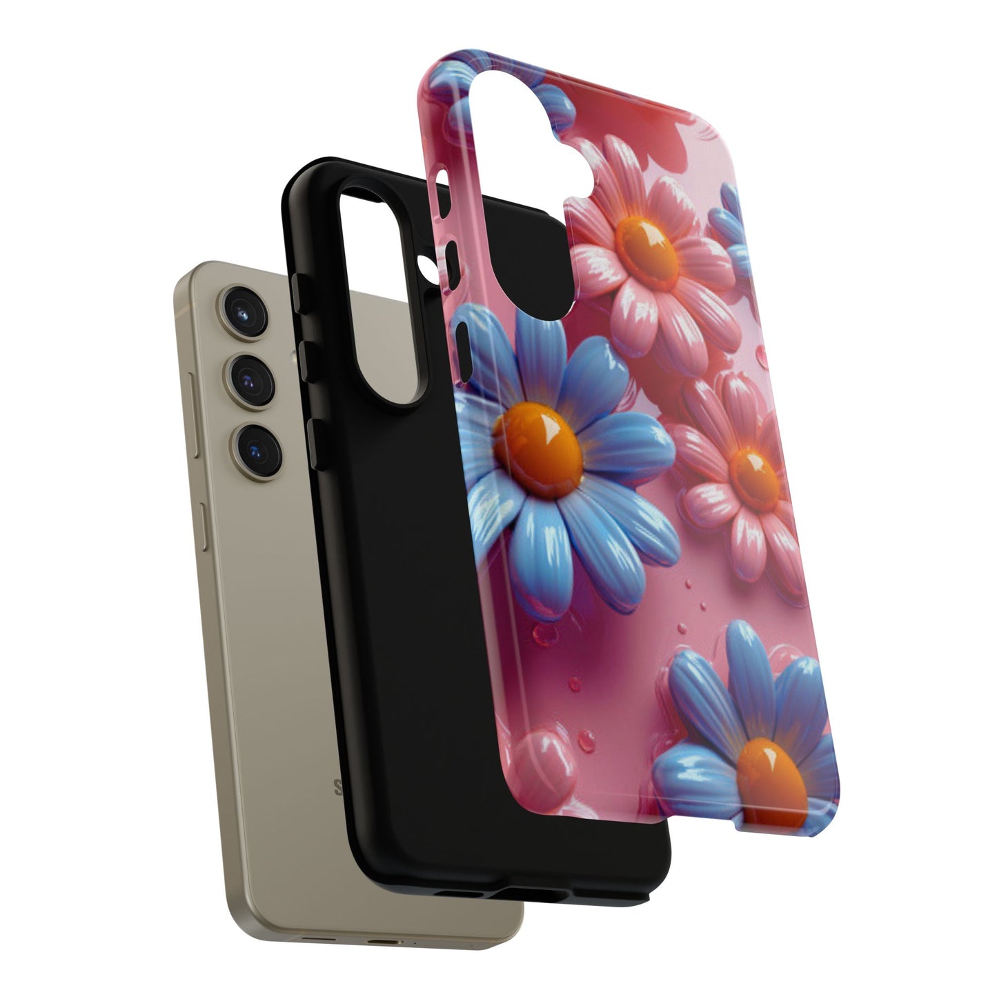 Pastel Daisy 3D Samsung Galaxy Case – Glossy Pink and Blue Floral Design, Full Protection - BOGO Cases