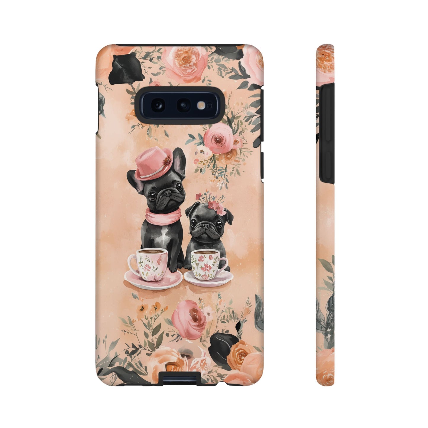 Floral French Bulldogs Samsung Galaxy Case – Elegant Dog Design with Tea Cups & Roses, Shockproof Protection