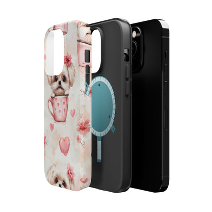 Floral Puppy in Teacup MagSafe iPhone Case – Cute Pink Flower Design, Tough Dual-Layer Protection