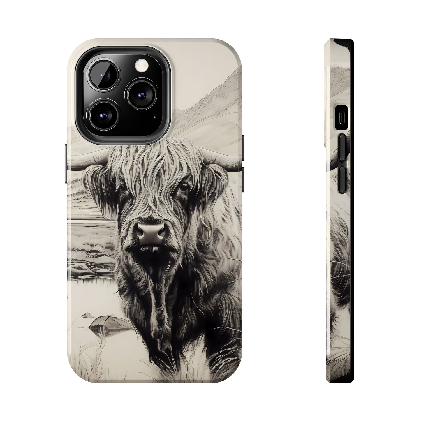 Cute Highland Cow Cases - Western Charcoal Sketched Cow - Farmhouse Design