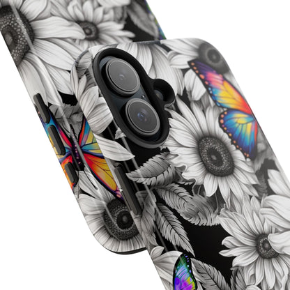 Rainbow Butterflies & Monochrome Sunflowers – iPhone Case